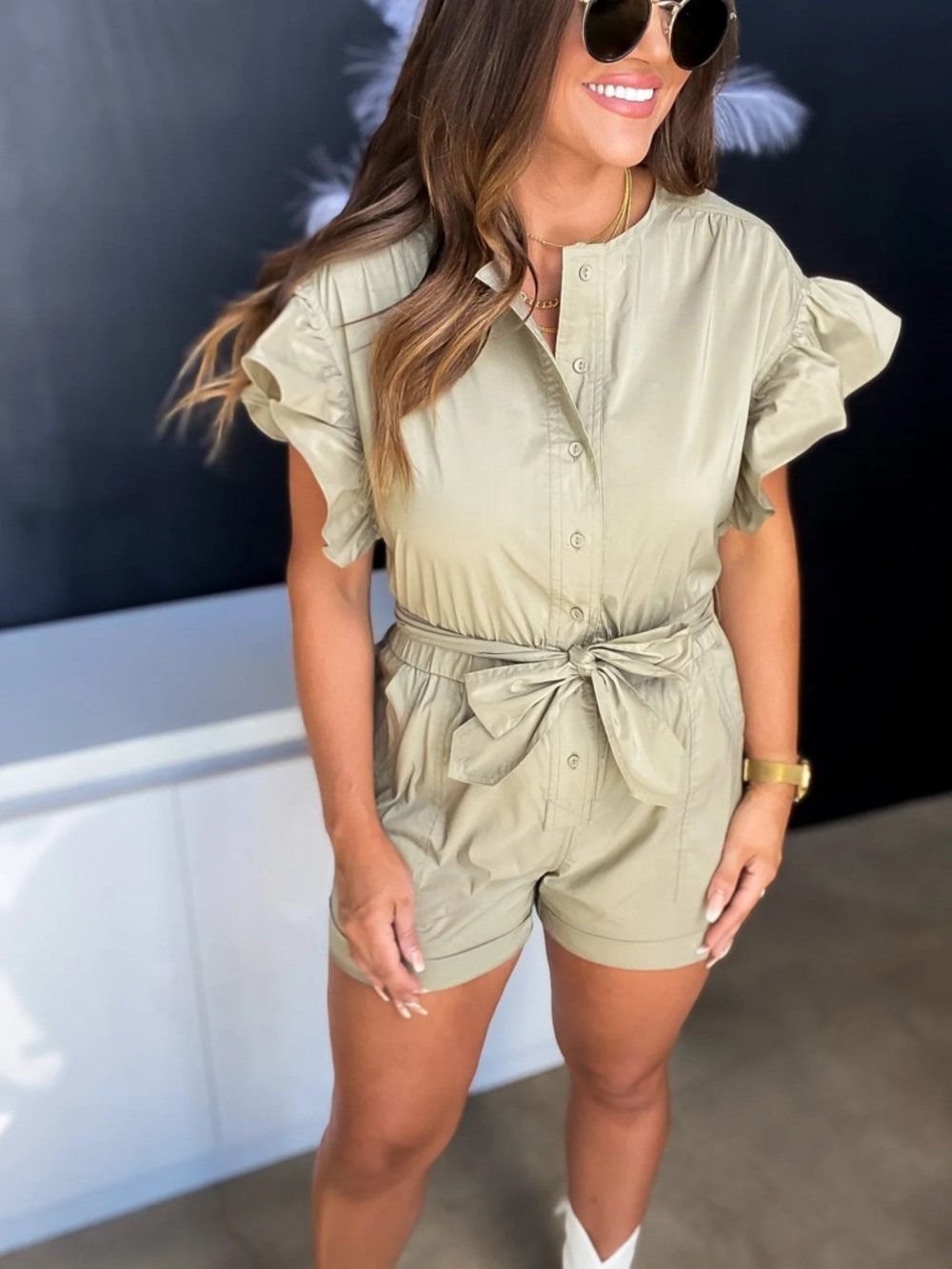 Mable Button-Front Lightweight Romper in Khaki